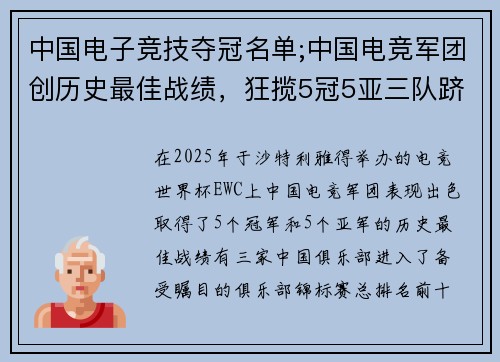 中国电子竞技夺冠名单;中国电竞军团创历史最佳战绩，狂揽5冠5亚三队跻身前十